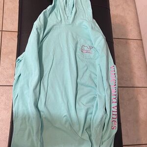 Vineyard Vines Aqua Hoodie with Pink Logo